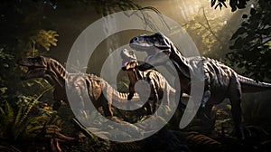 Dinosaurs flock beast of prehistoric era in wilds. Generative AI