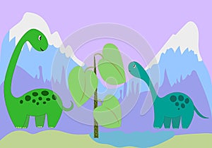 Dinosaurs in front of mointains cartoon style