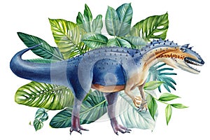 Dinosaurs in jungle forest, tropical palm leaves watercolor painting, Hand painted watercolor dinosaurs illustration