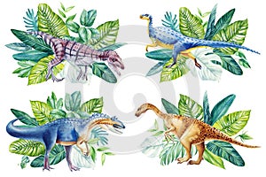 Dinosaurs in jungle forest, tropical palm leaves watercolor painting, Hand painted watercolor dinosaurs illustration