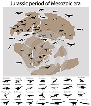 Dinosaurs of jurassic period on map