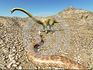 Dinosaurs Jurassic prehistoric scene dinosaur fighting with snake 3d rendering