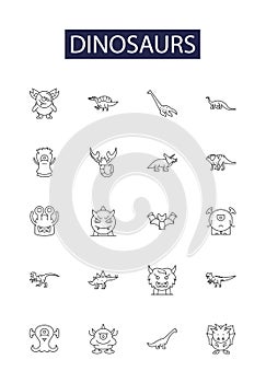 Dinosaurs line vector icons and signs. Reptiles, Fossils, Raptors, Pterosaurs, Brontosaurus, Tyrannosaurus, Lizard