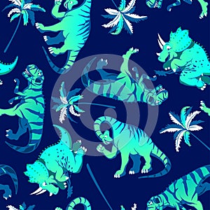 Dinosaurs with palm trees in a seamless pattern