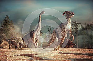 Dinosaurs- Parasaurolopus,  Ankylosaurus, Brachiosaurus, Stegosaurus in the nature