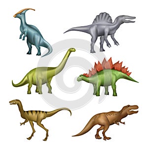 Dinosaurs. Realistic gigantic wild prehistorical aggresive animals fossils lizards with big teeth decentk vector