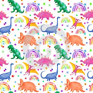 Dinosaurs seamless pattern. Chidish design with cute dino, flowers, rainbows. Watercolor naive simple style for kids