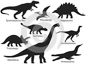 Dinosaurs silhouettes. Black vector reptiles isolated on white background