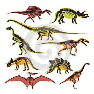 Dinosaurs skeletons and silhouettes vector flat isolated icons of tyrannosaurus, pterodactyl and brontosaurus