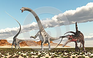 The dinosaurs Spinosaurus and Diplodocus in a desert landscape