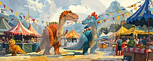 Dinosaurs at a summer food festival, tasting different cuisines, vibrant street food scene, lively