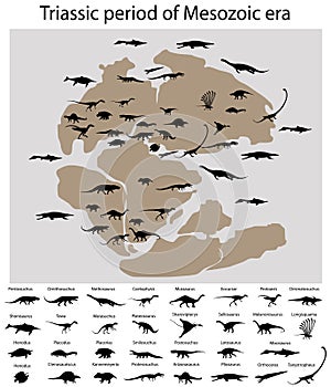 Dinosaurs of triassic period on map