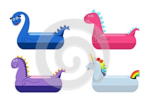 Dinosaurs and unicorn swimming ring. Smiling dinosaur pool objects, funny children lifebuoys isolated on water