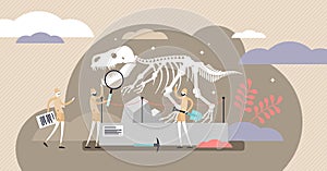 Dinosaurs vector illustration. Flat tiny jurassic fossils persons concept.