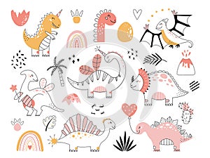 Dinosaurs vector set in doodle style Cute outline baby dino