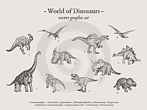 Dinosaurs vintage vector illustration set
