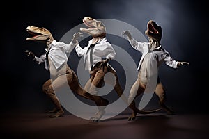 Dinosaurs wearing business shirts dance together. Generative AI