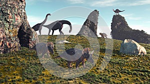 Dinosaurus on field with rocks.