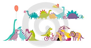 Dinosaurus party doodle hand drawn vector illustration set.