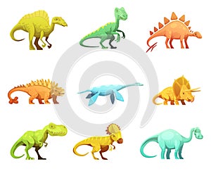 Dinosaurus Retro Cartoon Characters Icons Collection