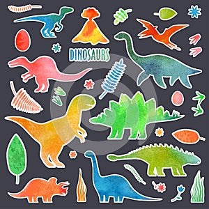 Dinosaurus watercolor stickers set. Tapes of dino.