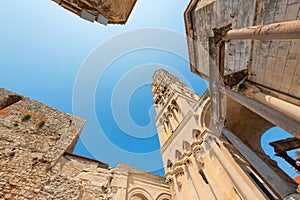 Diocletian palace in Split, Dalmatia, Croatia. Wide angle view with bell tower. Historic cultural heritage