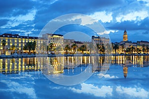 Diocletian Palace and St Domnius Cathedral with water reflection, Dalmatia, Croatia