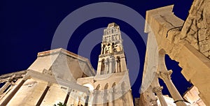 Diocletian\'s Palace ruins illuminated at dusk in Adriatic Croatian city old Split