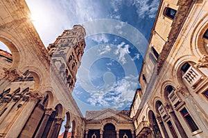 Diocletian's Palace's peristyle in front of Cathedral of Saint Domnius' bell tower in Split, Croatia. Diocletian palace UNESCO