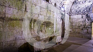 Diocletian`s Palace, underground city of Split. Croatia. Bearing walls, columns and arches under the city, Roman civilization
