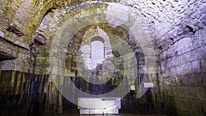 Diocletian`s Palace, underground city of Split. Croatia. Bearing walls, columns and arches under the city, Roman civilization