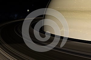 Dione, Saturn`s moon, orbiting around Saturn planet. 3d render