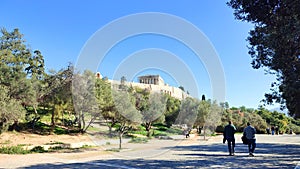 Street view of Dionysiou Areopagitou, a pedestrianized street in Athens, Greece.