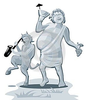 Dionysus and satyr. Greek god on white background. Vector flat gray illustration
