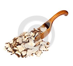 Dioscorea caucasica Angelica sinensis or Female Ginseng on wooden spoon. High resolution photo.