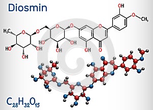 Diosmin, C28H32O15, flavonoid molecule. It is flavone glycoside of diosmetin, semisynthetic drug for treatment of venous disease.