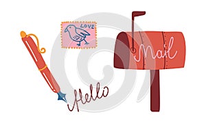 Dip Pen and Mail Box with Postage Stamp as Postal Symbol Vector Set