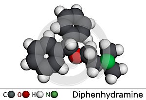 Diphenhydramine, molecule. It is H1 receptor antihistamine used in the treatment of seasonal allergies. Molecular model. 3D photo
