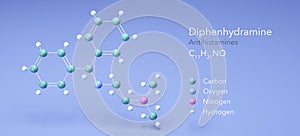 diphenhydramine molecule, molecular structures, benadryl, 3d model, Structural Chemical Formula and Atoms with Color Coding photo