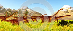 Diplodocus Herd Walking in Landscape
