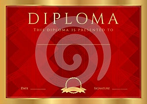 Diploma, Certificate of completion template with gold frame and dark red pattern