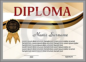 Diploma or certificate. Gold and black decorative elements. Winning the competition. Award winner. Reward. Vector