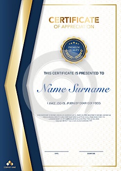 Diploma certificate template blue and gold color with luxury and modern style vector image, suitable for appreciation.  Vector