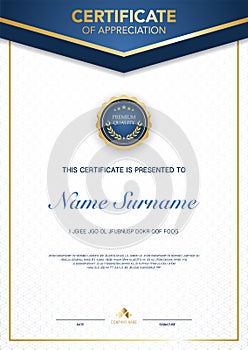 Diploma certificate template blue and gold color with luxury and modern style vector image, suitable for appreciation.  Vector