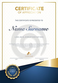 Diploma certificate template blue and gold color with luxury and modern style vector image, suitable for appreciation.  Vector
