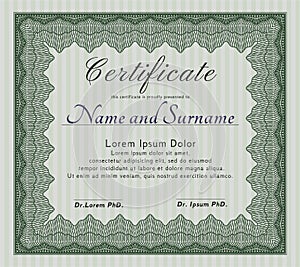 Diploma or certificate template.  Cordial design.  With guilloche pattern.  Vector illustration.  Green color