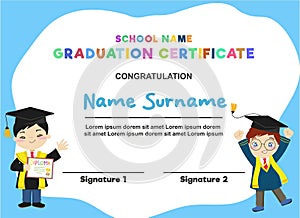 Cute diploma certificate template for preschool, kindergarten or primary school student.