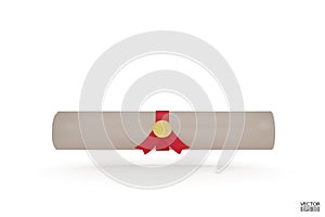 Diploma, close up of paper scroll with red ribbon isolated on white background. Graduation Degree Scroll with Medal. Education