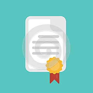 Diploma icon. Certificate, graduation document and medal with ribbon symbol flat style isolated