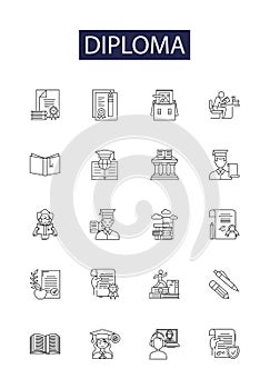 Diploma line vector icons and signs. Certification, Qualification, Accreditation, Credential, Award, Credence, Honor photo